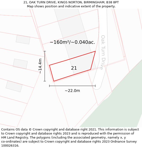 21, OAK TURN DRIVE, KINGS NORTON, BIRMINGHAM, B38 8PT: Plot and title map