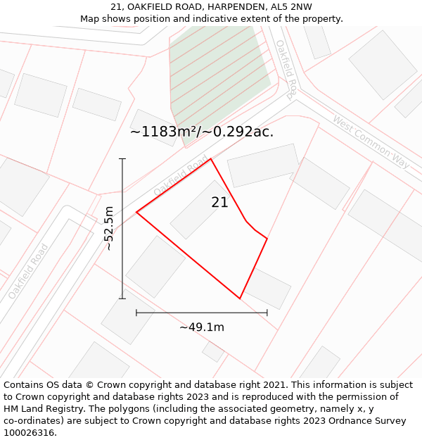 21, OAKFIELD ROAD, HARPENDEN, AL5 2NW: Plot and title map