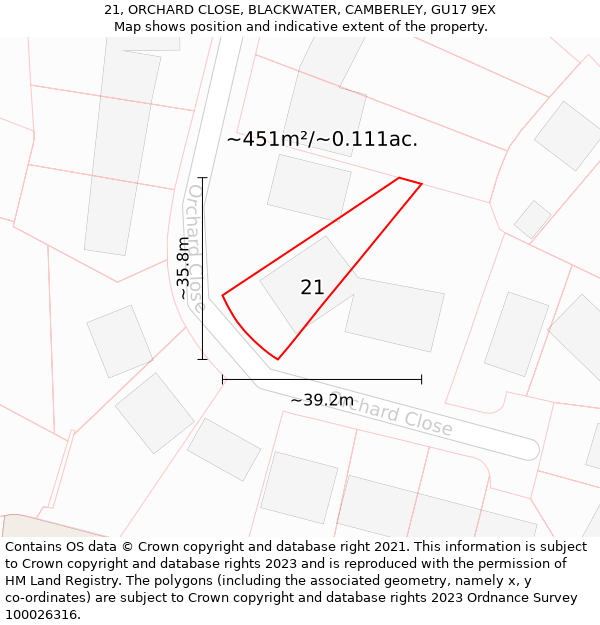 21, ORCHARD CLOSE, BLACKWATER, CAMBERLEY, GU17 9EX: Plot and title map