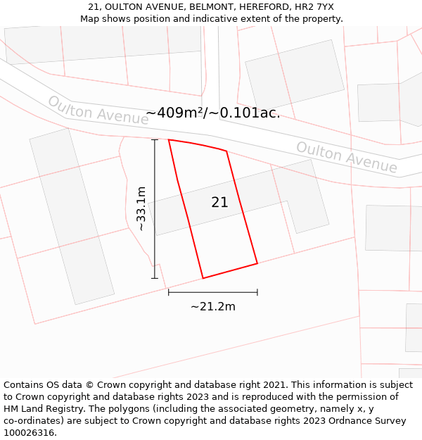 21, OULTON AVENUE, BELMONT, HEREFORD, HR2 7YX: Plot and title map