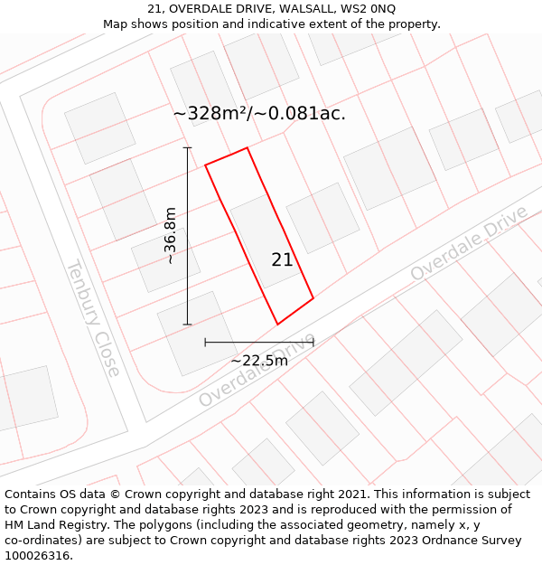 21, OVERDALE DRIVE, WALSALL, WS2 0NQ: Plot and title map