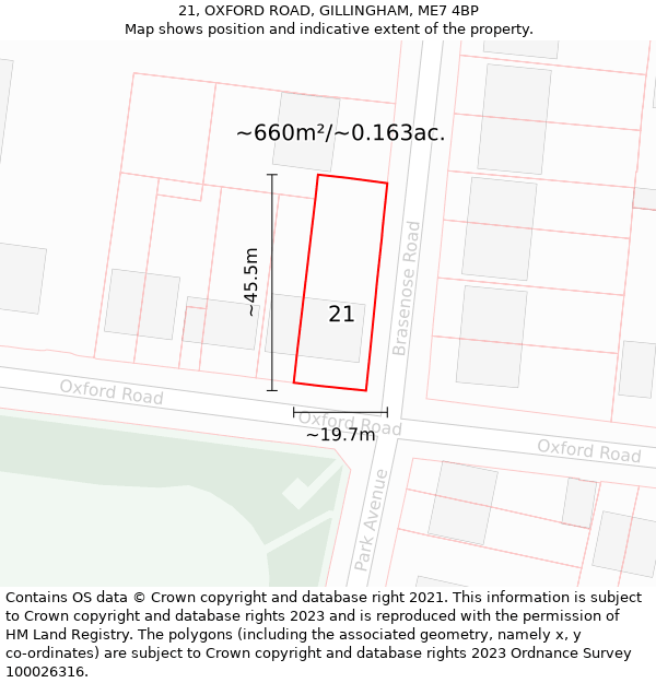 21, OXFORD ROAD, GILLINGHAM, ME7 4BP: Plot and title map