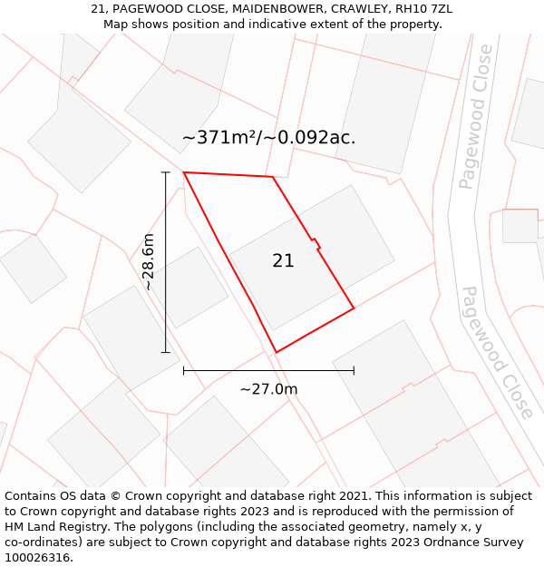 21, PAGEWOOD CLOSE, MAIDENBOWER, CRAWLEY, RH10 7ZL: Plot and title map