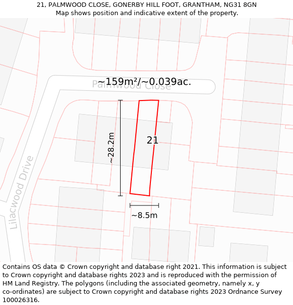 21, PALMWOOD CLOSE, GONERBY HILL FOOT, GRANTHAM, NG31 8GN: Plot and title map