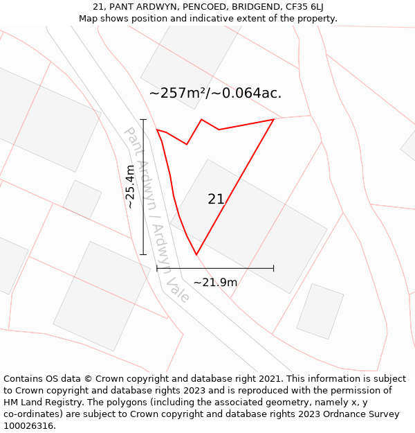 21, PANT ARDWYN, PENCOED, BRIDGEND, CF35 6LJ: Plot and title map