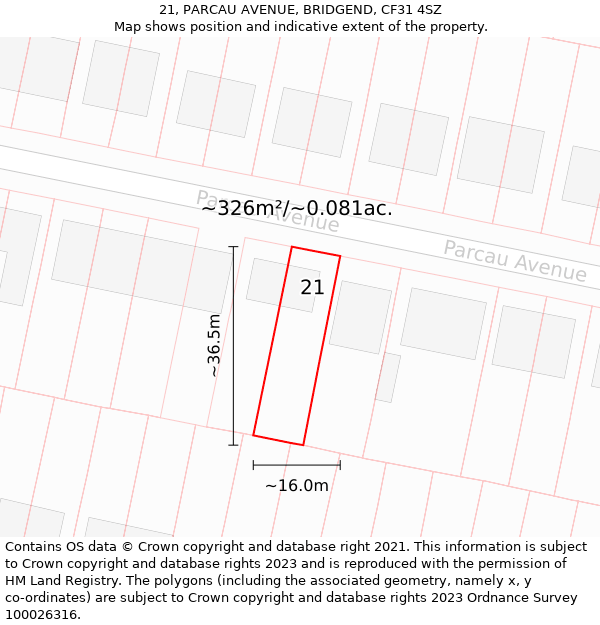 21, PARCAU AVENUE, BRIDGEND, CF31 4SZ: Plot and title map