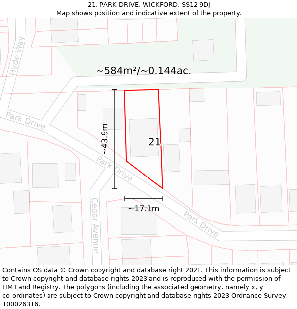 21, PARK DRIVE, WICKFORD, SS12 9DJ: Plot and title map