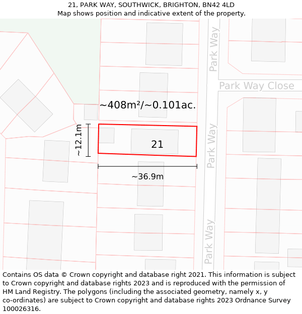 21, PARK WAY, SOUTHWICK, BRIGHTON, BN42 4LD: Plot and title map