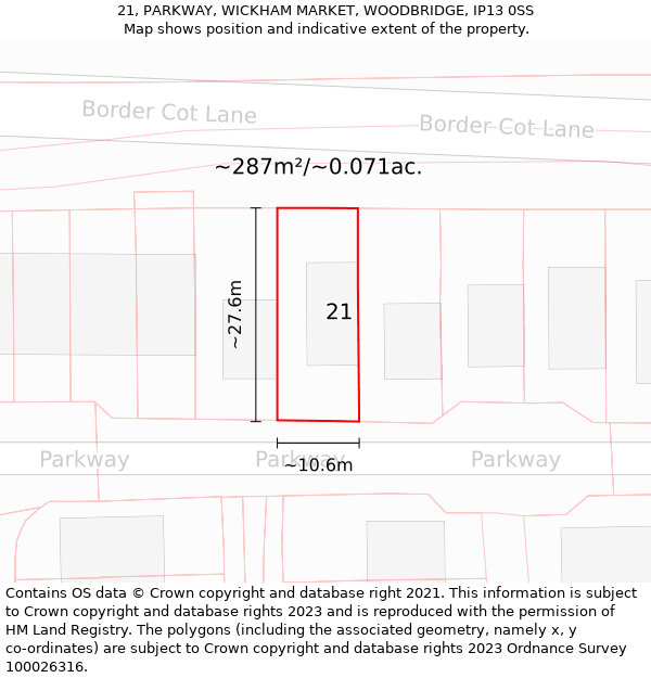 21, PARKWAY, WICKHAM MARKET, WOODBRIDGE, IP13 0SS: Plot and title map