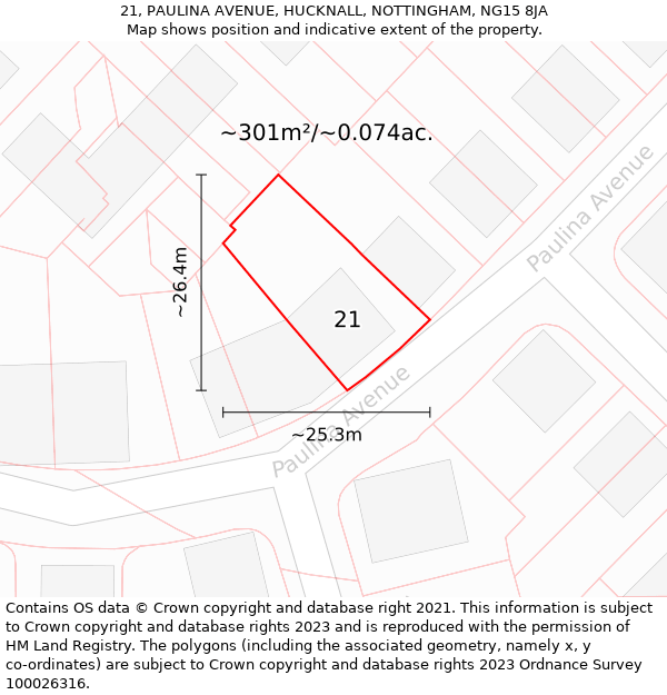 21, PAULINA AVENUE, HUCKNALL, NOTTINGHAM, NG15 8JA: Plot and title map