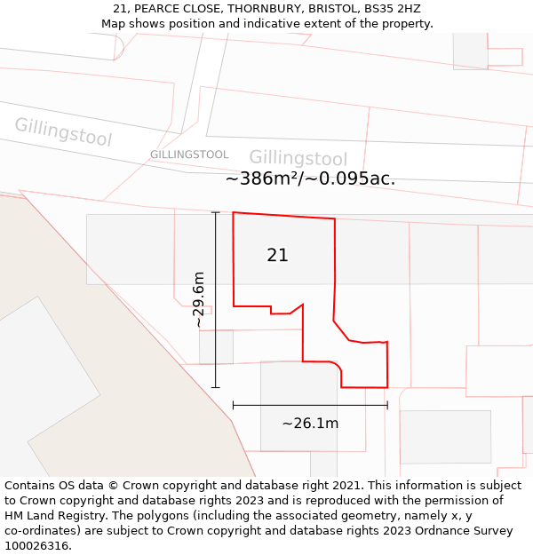 21, PEARCE CLOSE, THORNBURY, BRISTOL, BS35 2HZ: Plot and title map