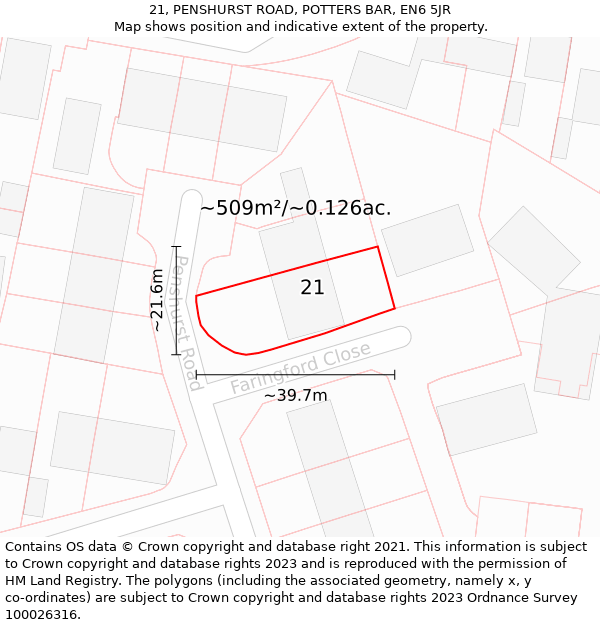 21, PENSHURST ROAD, POTTERS BAR, EN6 5JR: Plot and title map