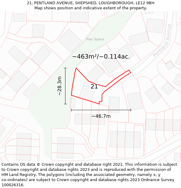 21, PENTLAND AVENUE, SHEPSHED, LOUGHBOROUGH, LE12 9BH: Plot and title map