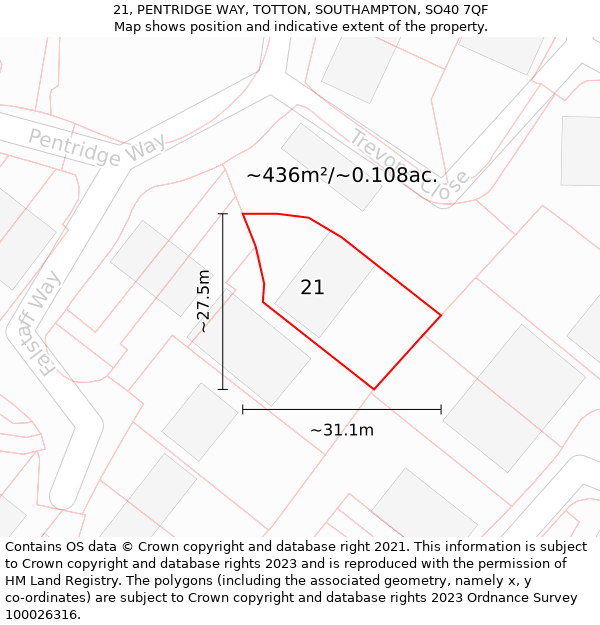 21, PENTRIDGE WAY, TOTTON, SOUTHAMPTON, SO40 7QF: Plot and title map