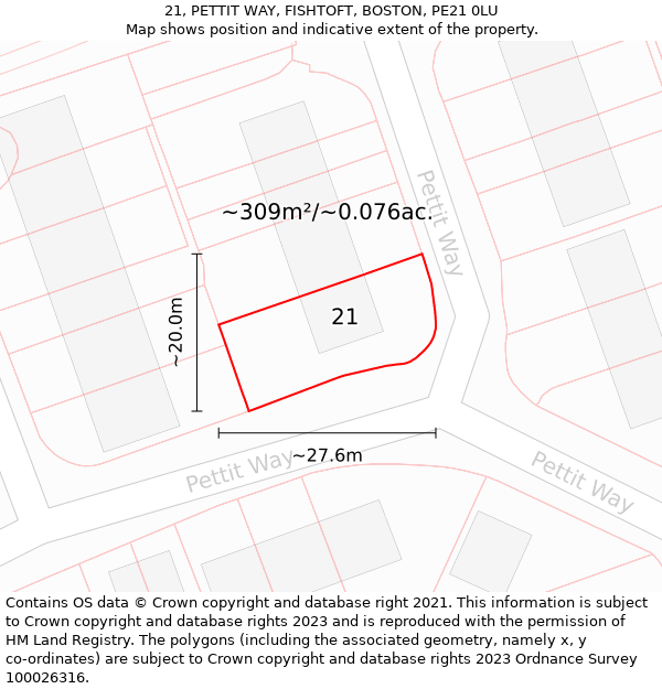 21, PETTIT WAY, FISHTOFT, BOSTON, PE21 0LU: Plot and title map