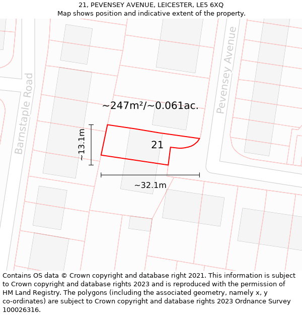 21, PEVENSEY AVENUE, LEICESTER, LE5 6XQ: Plot and title map