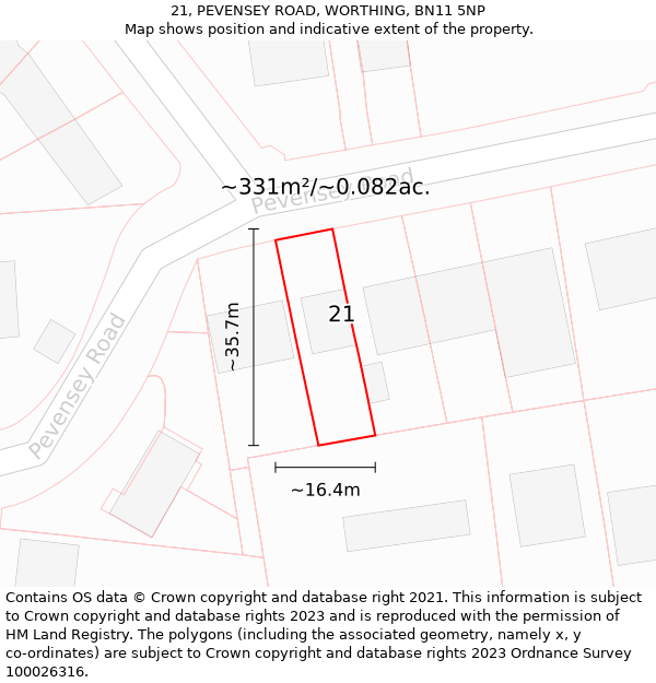 21, PEVENSEY ROAD, WORTHING, BN11 5NP: Plot and title map