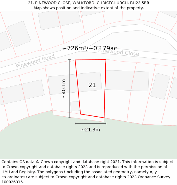 21, PINEWOOD CLOSE, WALKFORD, CHRISTCHURCH, BH23 5RR: Plot and title map
