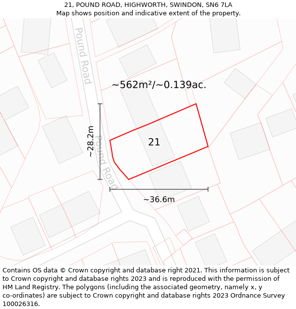 21, POUND ROAD, HIGHWORTH, SWINDON, SN6 7LA: Plot and title map