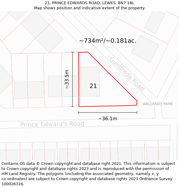 21, PRINCE EDWARDS ROAD, LEWES, BN7 1BL: Plot and title map