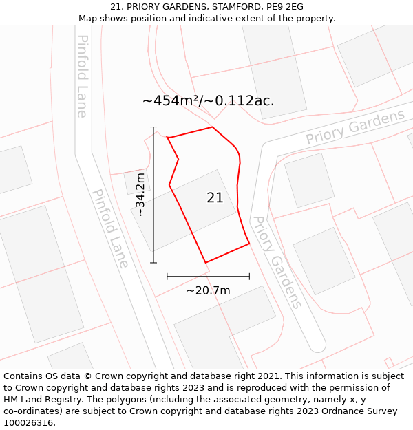 21, PRIORY GARDENS, STAMFORD, PE9 2EG: Plot and title map