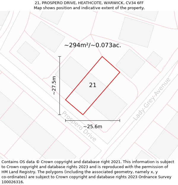 21, PROSPERO DRIVE, HEATHCOTE, WARWICK, CV34 6FF: Plot and title map