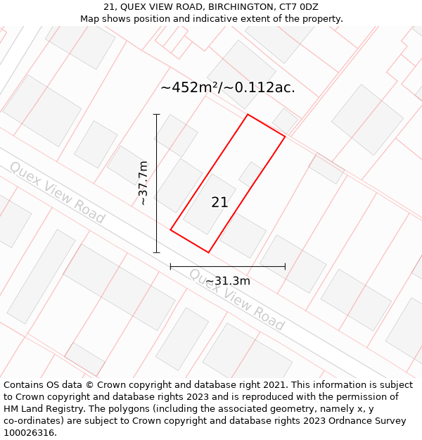 21, QUEX VIEW ROAD, BIRCHINGTON, CT7 0DZ: Plot and title map