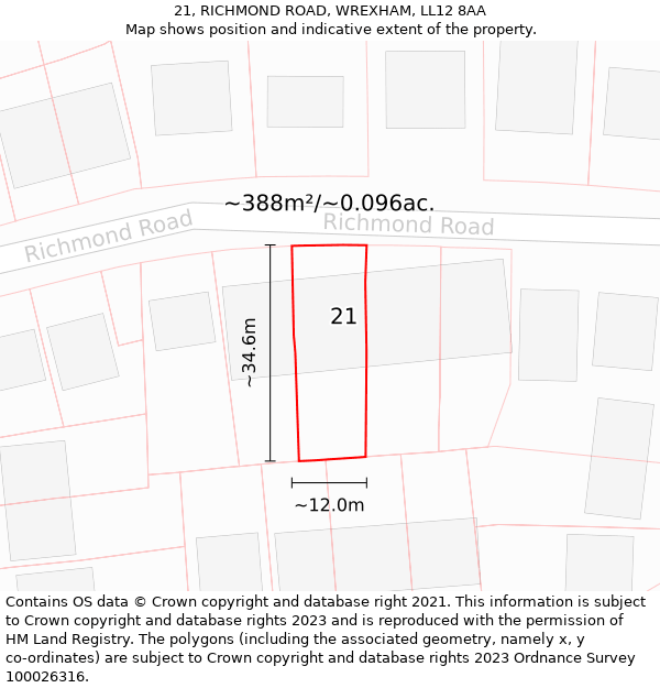 21, RICHMOND ROAD, WREXHAM, LL12 8AA: Plot and title map