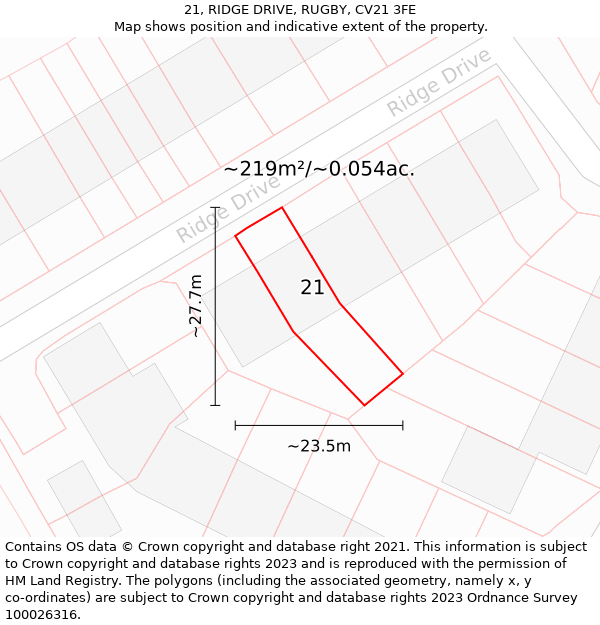 21, RIDGE DRIVE, RUGBY, CV21 3FE: Plot and title map