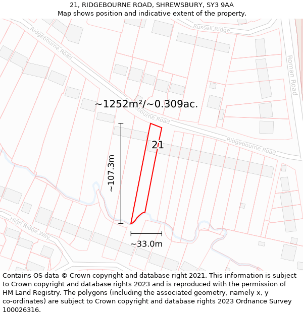 21, RIDGEBOURNE ROAD, SHREWSBURY, SY3 9AA: Plot and title map