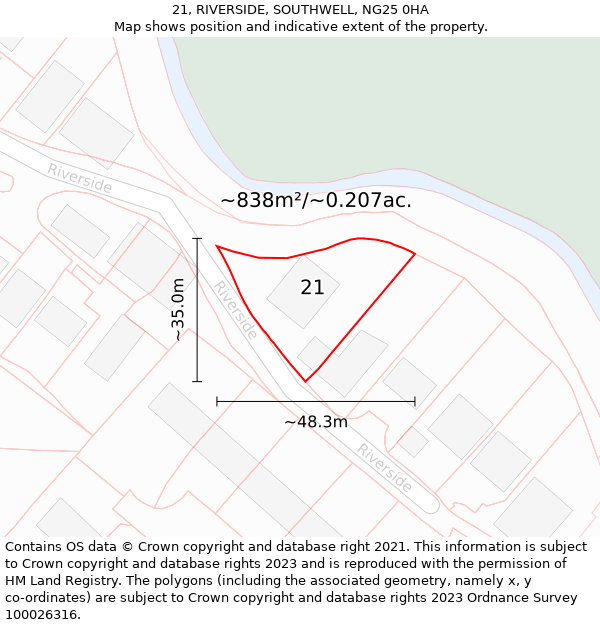 21, RIVERSIDE, SOUTHWELL, NG25 0HA: Plot and title map