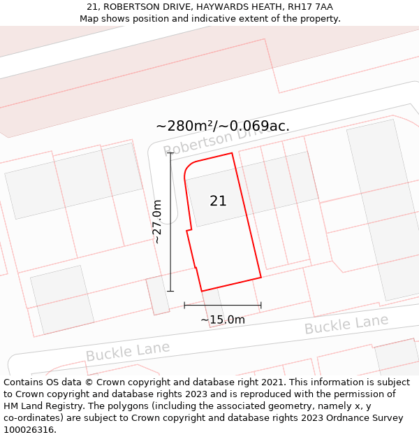 21, ROBERTSON DRIVE, HAYWARDS HEATH, RH17 7AA: Plot and title map