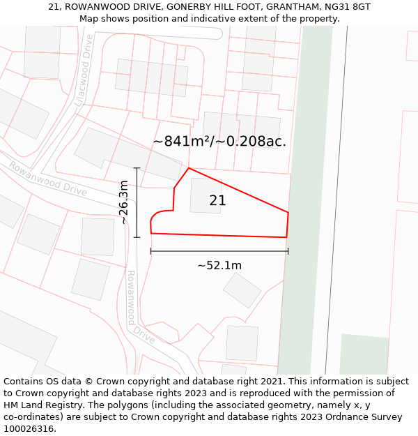 21, ROWANWOOD DRIVE, GONERBY HILL FOOT, GRANTHAM, NG31 8GT: Plot and title map