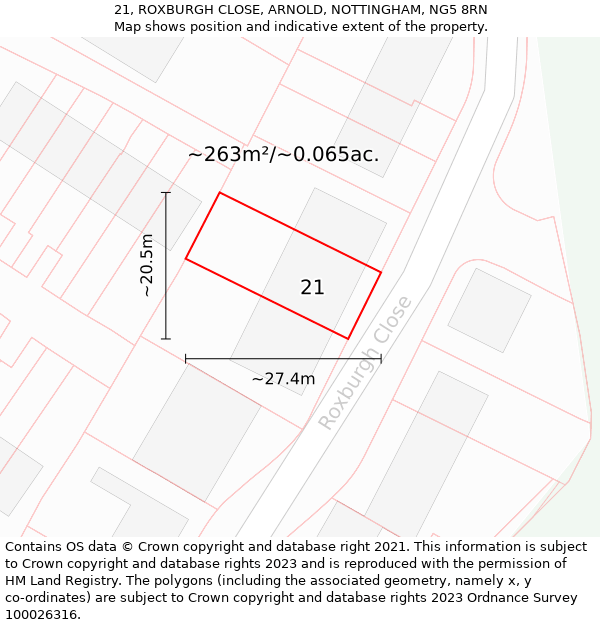 21, ROXBURGH CLOSE, ARNOLD, NOTTINGHAM, NG5 8RN: Plot and title map