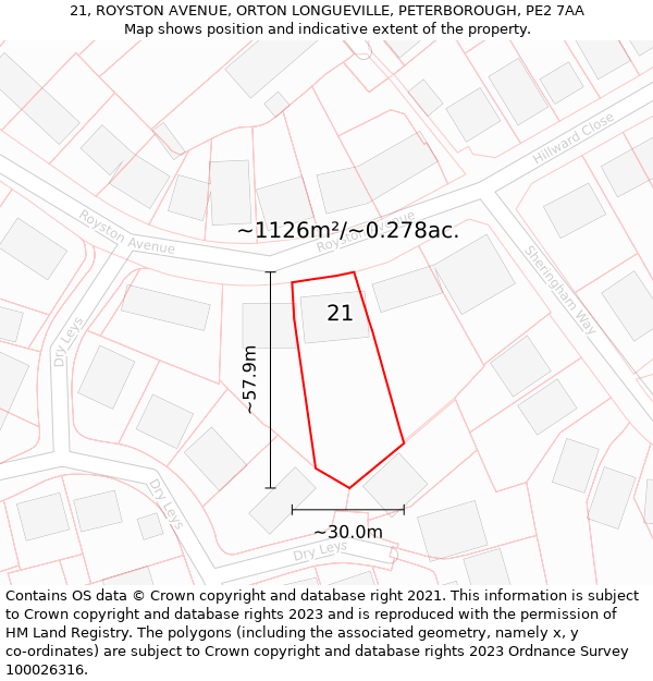 21, ROYSTON AVENUE, ORTON LONGUEVILLE, PETERBOROUGH, PE2 7AA: Plot and title map