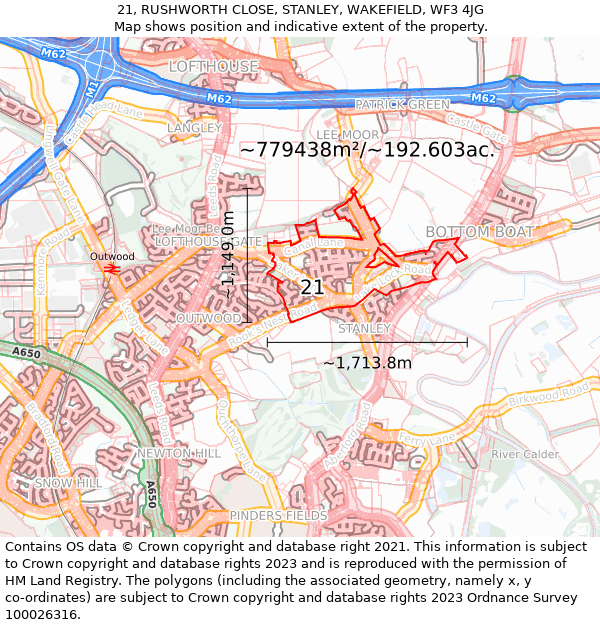 21, RUSHWORTH CLOSE, STANLEY, WAKEFIELD, WF3 4JG: Plot and title map