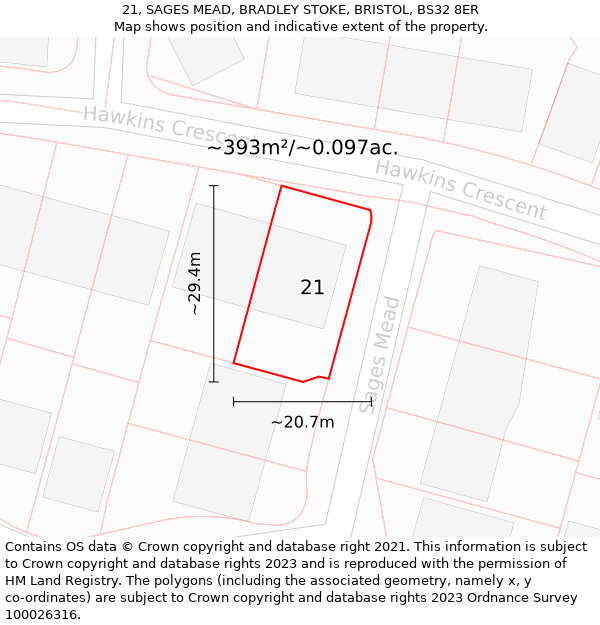 21, SAGES MEAD, BRADLEY STOKE, BRISTOL, BS32 8ER: Plot and title map