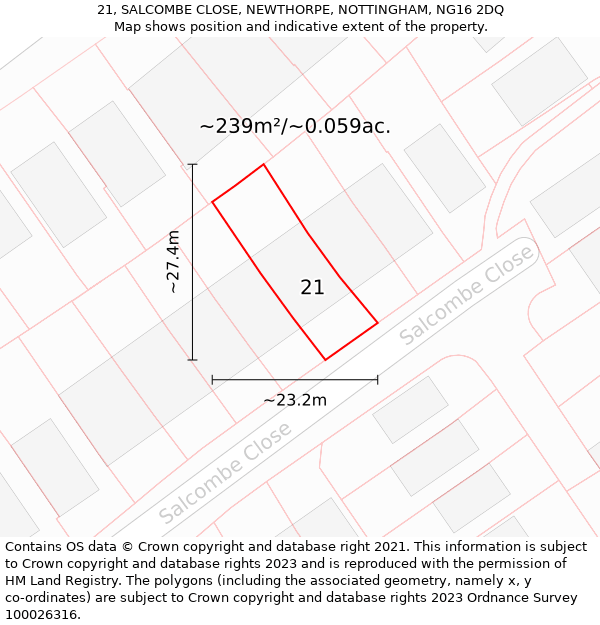 21, SALCOMBE CLOSE, NEWTHORPE, NOTTINGHAM, NG16 2DQ: Plot and title map