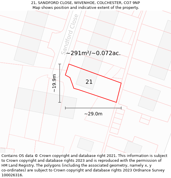 21, SANDFORD CLOSE, WIVENHOE, COLCHESTER, CO7 9NP: Plot and title map