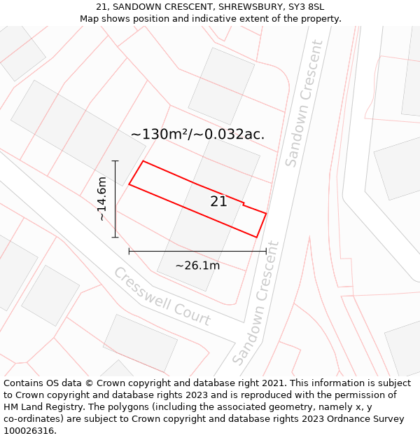 21, SANDOWN CRESCENT, SHREWSBURY, SY3 8SL: Plot and title map