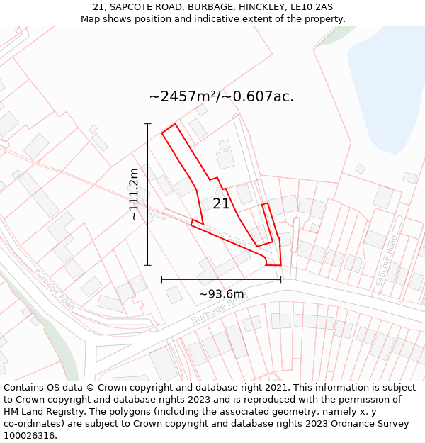 21, SAPCOTE ROAD, BURBAGE, HINCKLEY, LE10 2AS: Plot and title map