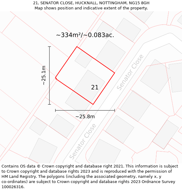 21, SENATOR CLOSE, HUCKNALL, NOTTINGHAM, NG15 8GH: Plot and title map