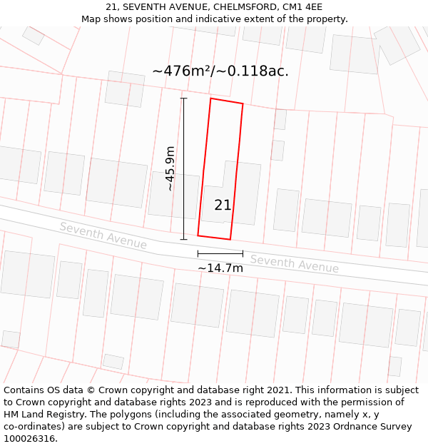 21, SEVENTH AVENUE, CHELMSFORD, CM1 4EE: Plot and title map