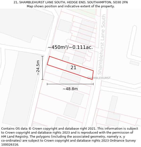 21, SHAMBLEHURST LANE SOUTH, HEDGE END, SOUTHAMPTON, SO30 2FN: Plot and title map