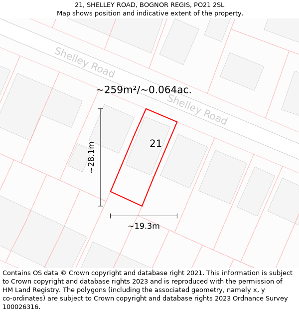 21, SHELLEY ROAD, BOGNOR REGIS, PO21 2SL: Plot and title map