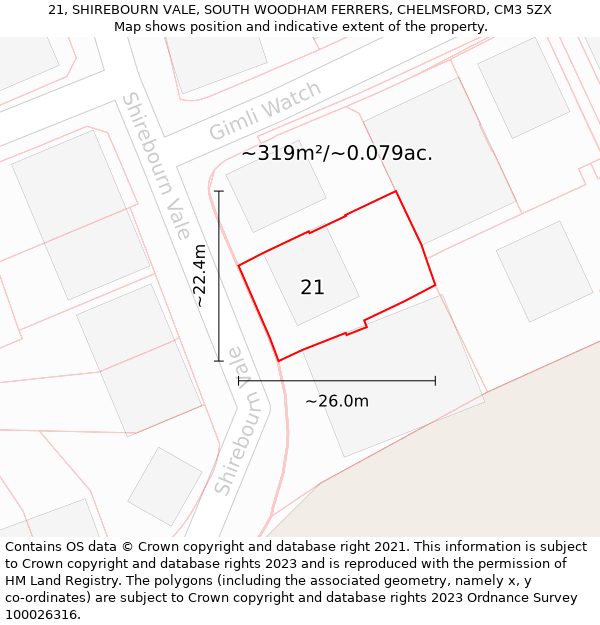 21, SHIREBOURN VALE, SOUTH WOODHAM FERRERS, CHELMSFORD, CM3 5ZX: Plot and title map