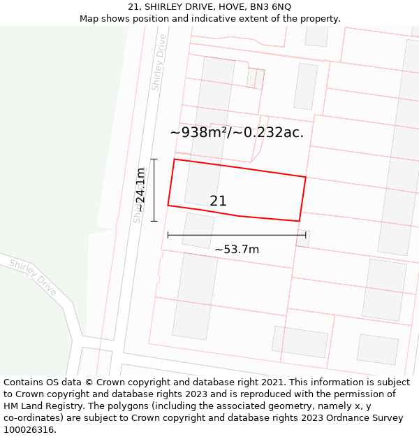 21, SHIRLEY DRIVE, HOVE, BN3 6NQ: Plot and title map