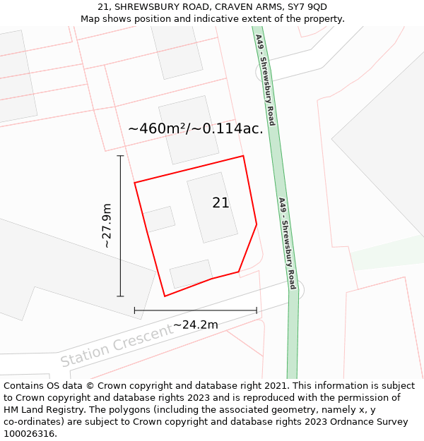 21, SHREWSBURY ROAD, CRAVEN ARMS, SY7 9QD: Plot and title map