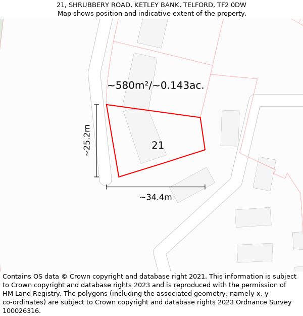 21, SHRUBBERY ROAD, KETLEY BANK, TELFORD, TF2 0DW: Plot and title map