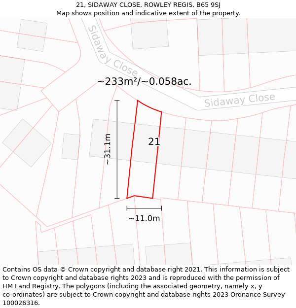 21, SIDAWAY CLOSE, ROWLEY REGIS, B65 9SJ: Plot and title map